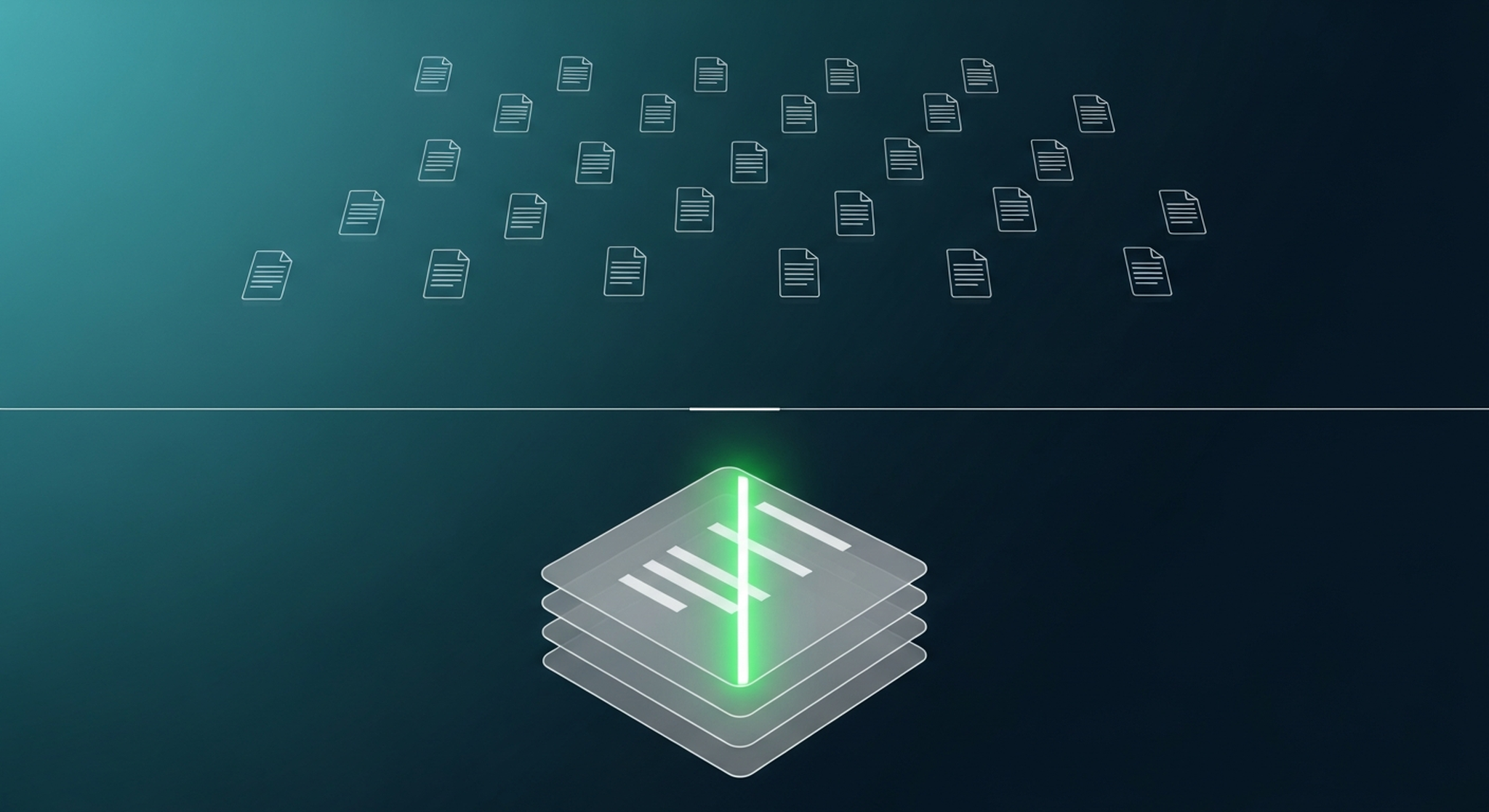 Top half: many document icons spread wide for breadth. Bottom half: a single layered document with a green reading path for depth