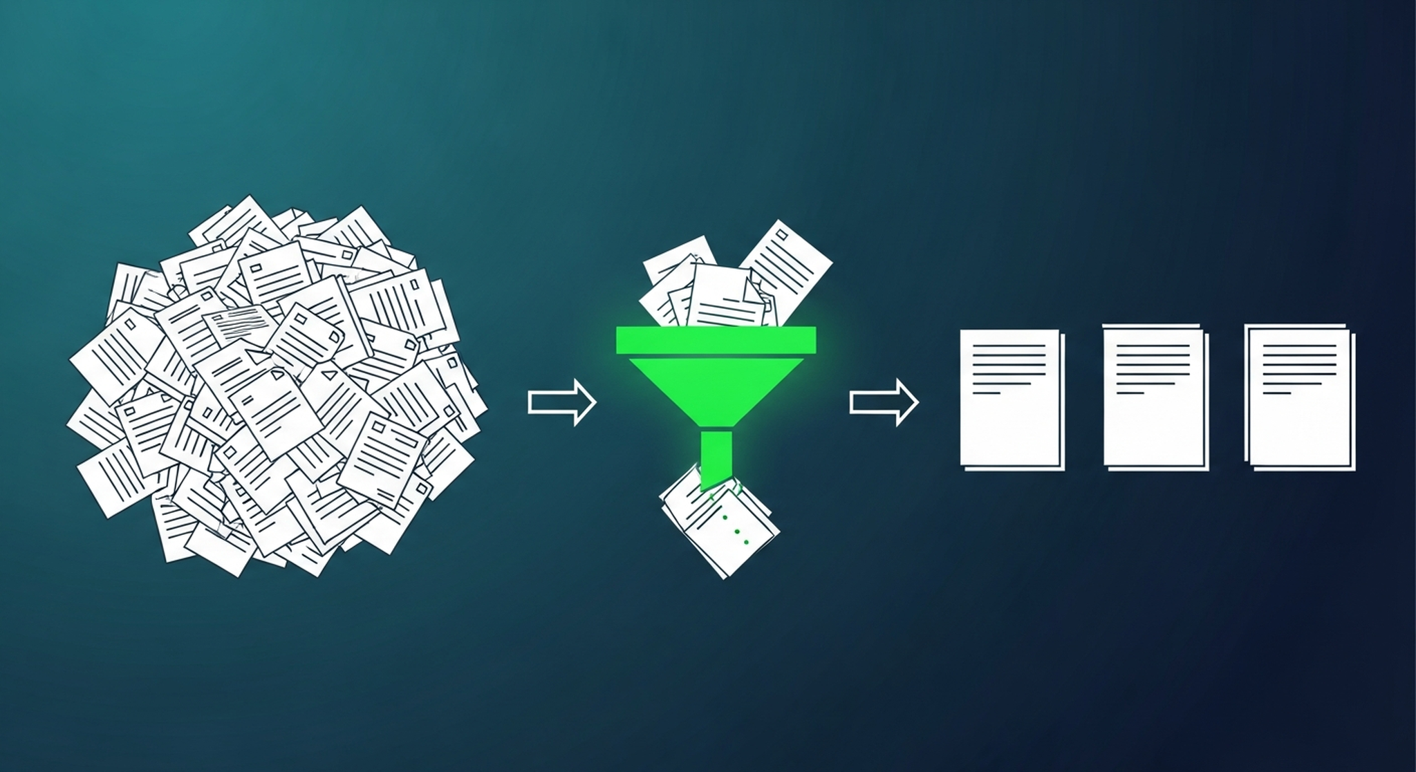 A large pile of papers on the left flows through a bright green funnel to three clean selected papers on the right