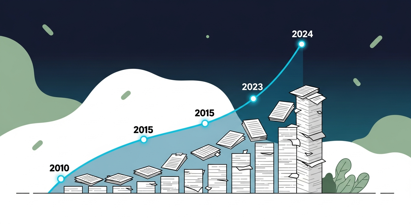 Graph showing the exponential growth of global scientific publication output from 2010 to 2024, illustrating the accelerating volume of research literature