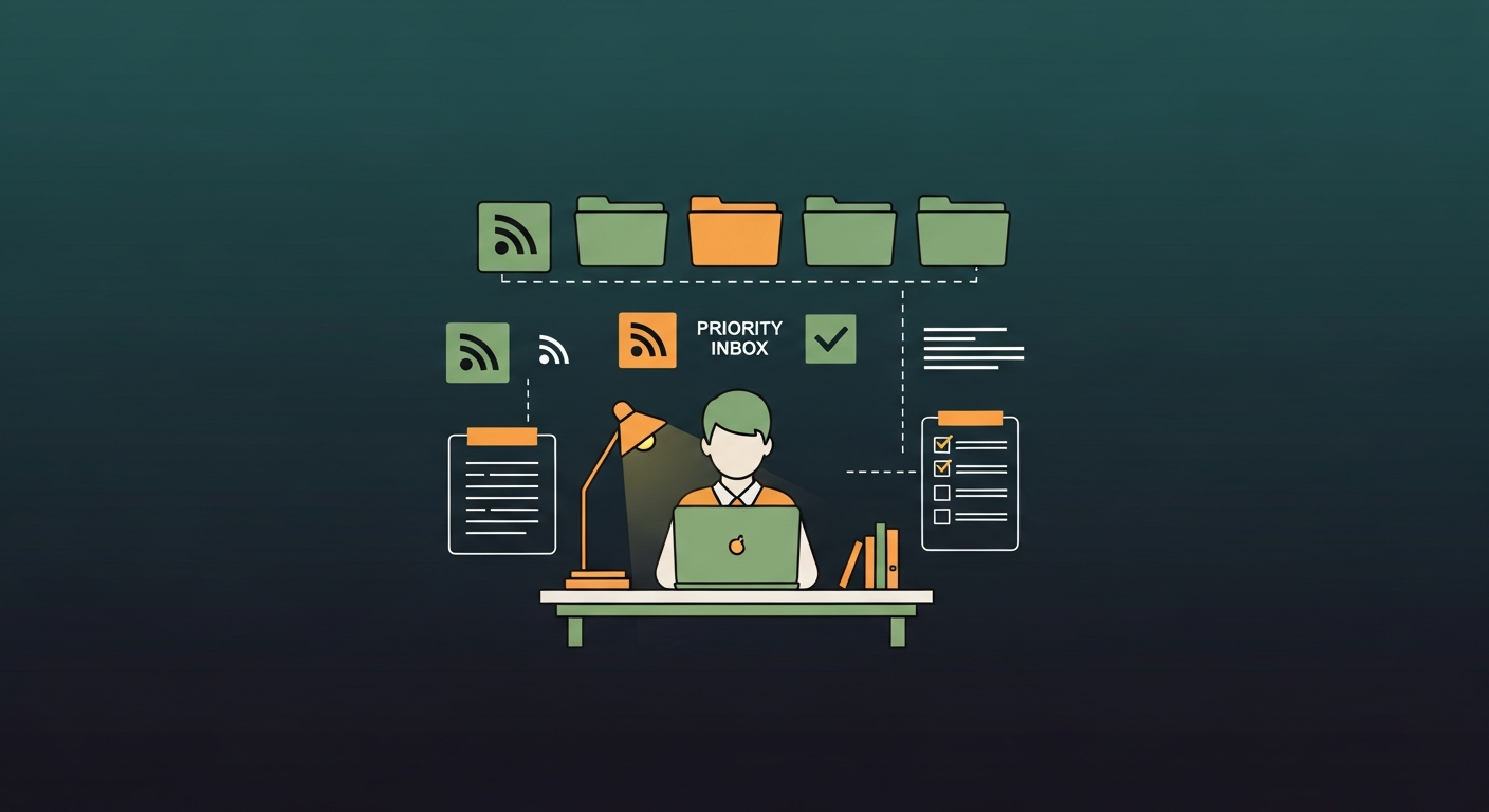 Illustration of a researcher using an organized paper-tracking system with categorized folders and a prioritized reading list to sustainably manage scientific literature