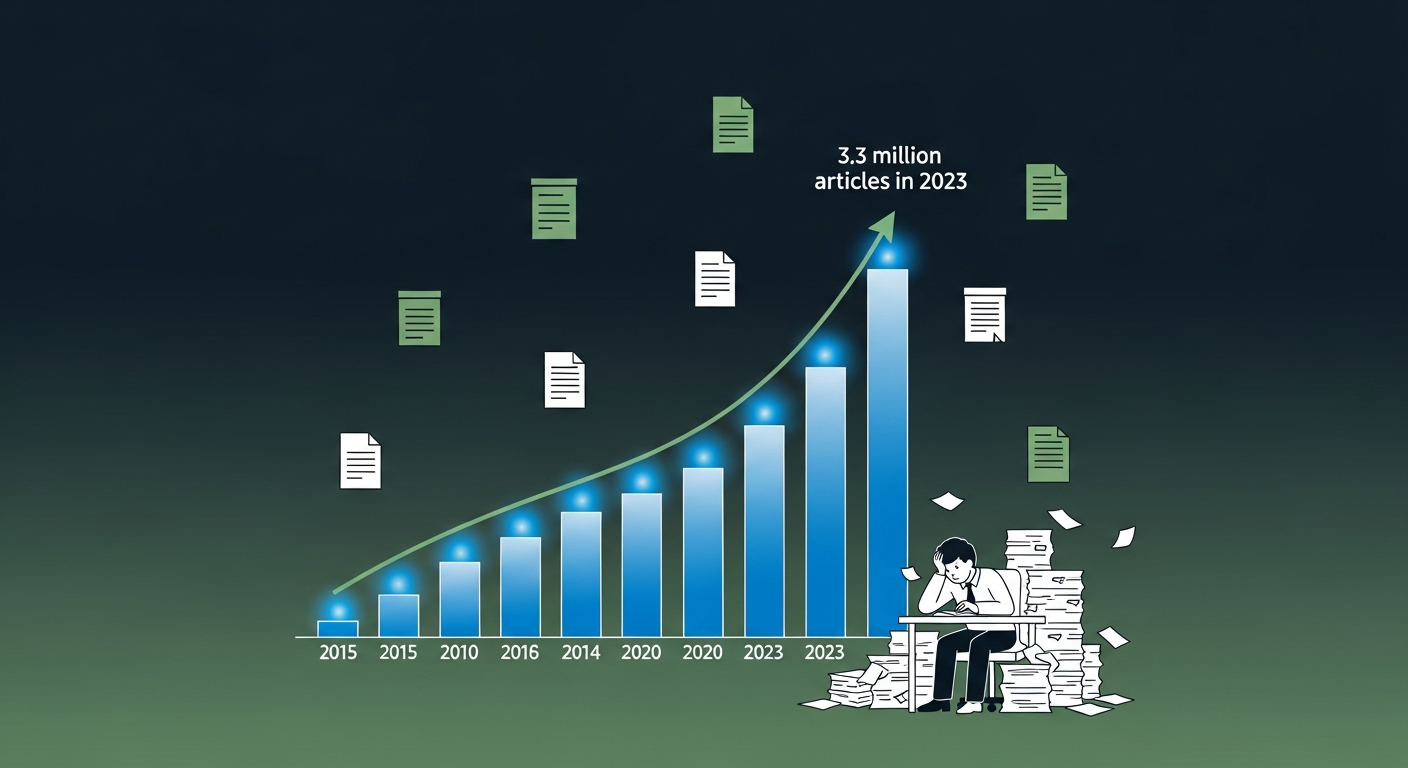 Bar chart showing the exponential growth of academic publications from 2015 to 2023, reaching 3.3 million articles, with a researcher overwhelmed by paper volume