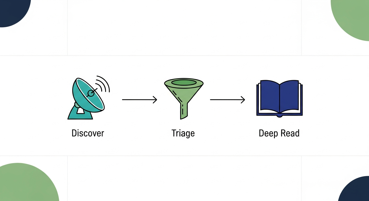 Flowchart showing a three-stage research paper filtering system: Discover, Triage, and Deep Read, with icons and color-coded stages